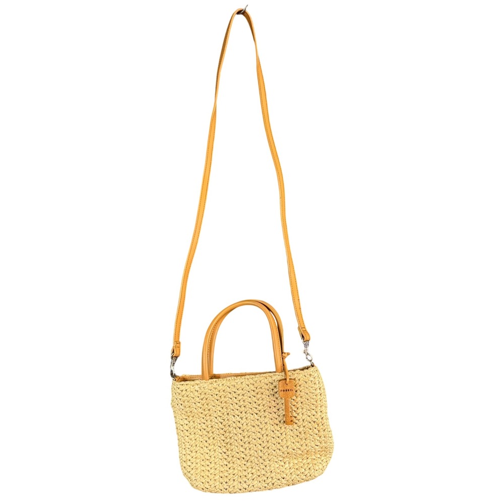 Fossil Woven Straw Crossbody Bag Tan Faux Leather Trim Wooden Key Charm